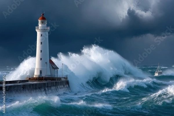 Fototapeta Lighthouse in Stormy Seas with Giant Waves and Boat