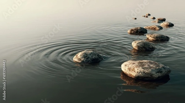 Fototapeta Stones create ripples across a still body of water under a serene, diffused light, guiding the eye through the scene
