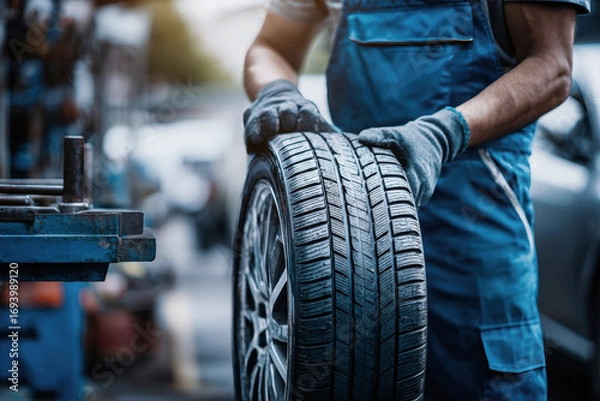 Fototapeta Mechanic skillfully changes tire in bright daylight, showcasing expertise in automotive care and craftsmanship