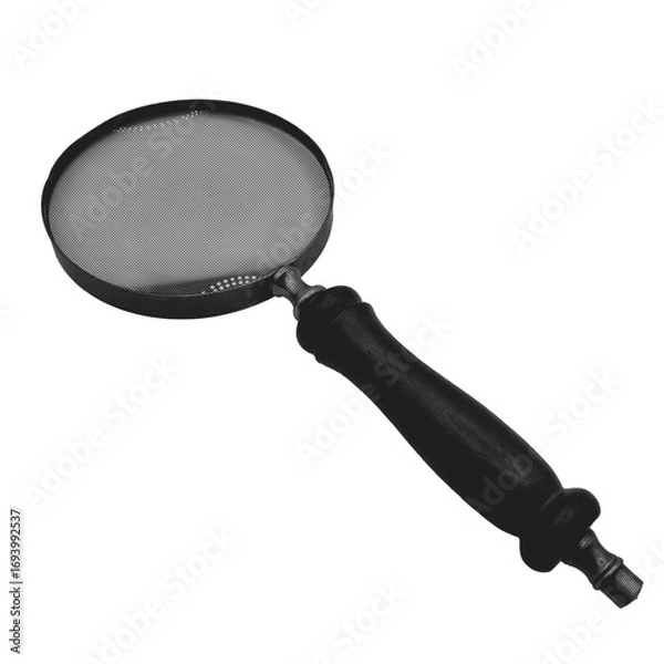 Fototapeta Black-and-white halftone image of a magnifying glass with a round lens and a dark, turned wooden handle 