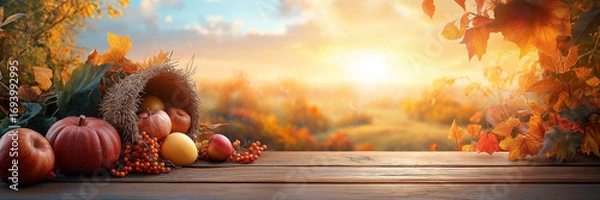 Fototapeta A vibrant and colorful autumn harvest background, rich with seasonal elements