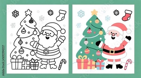 Fototapeta Christmas coloring page with Santa Claus, a tree, and gifts in black and white and colored versions