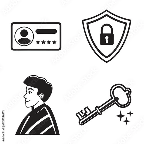 Fototapeta User profile shield lock key and stars user profile card shield with lock