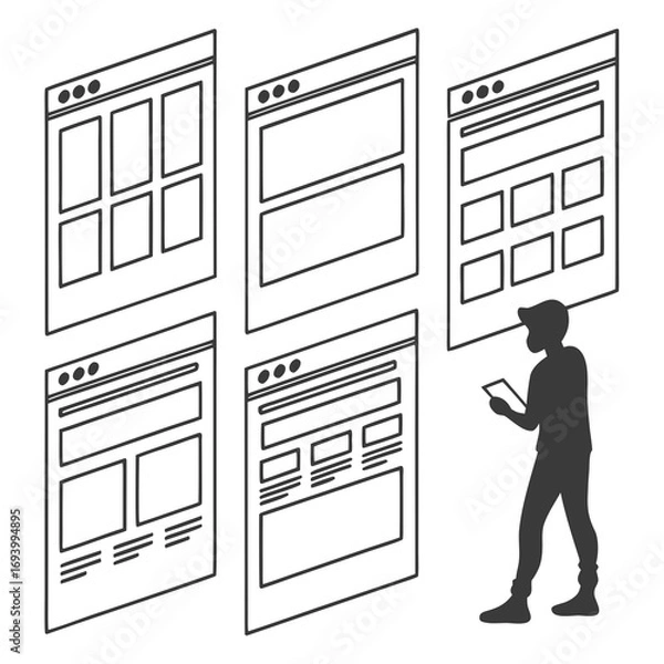 Fototapeta Website layout wireframes and person using tablet interface