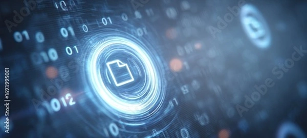 Obraz The File Icon Surrounded by Futuristic Digital Interface, Binary Code and Data Flow