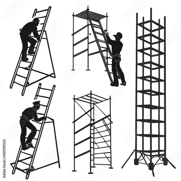 Fototapeta Workers climbing scaffolding and ladders construction