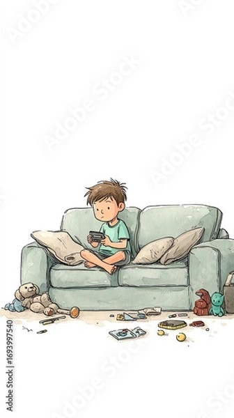 Obraz A boy sitting on a couch, playing with his smartphone, toys scattered around him, ignored. Minimalist drawing style with colored pencils, clean soft lines, light pastel color