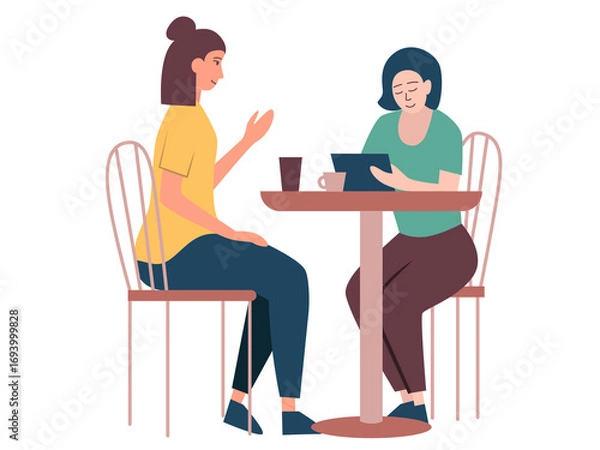 Fototapeta Two women chatting at a table in a cafe. Flat Illustration on transparent background