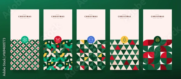 Fototapeta Set of modern christmas packaging patterns with abstract geometric backgrounds and holiday icons in red and green color scheme