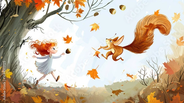Fototapeta The little girl chased the golden butterfly and ran across the mountain trail. The squirrel was holding the acorn and jumped over the branches. The maple leaves fell on the tips of her hair like a bre