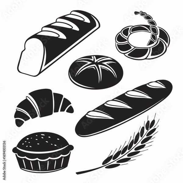 Obraz Bakery assortment black silhouettes bread croissant
