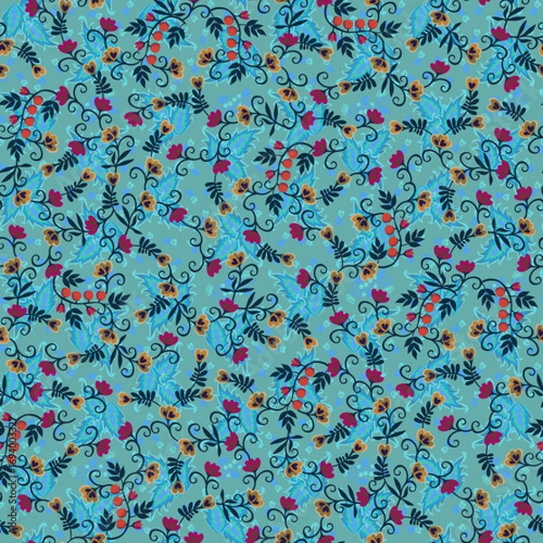 Fototapeta Intricate seamless pattern with flowers, leaves, berries and paisley on a grey-green background with blue nettle leaves. Ethnic motifs. Beautiful vector illustration.