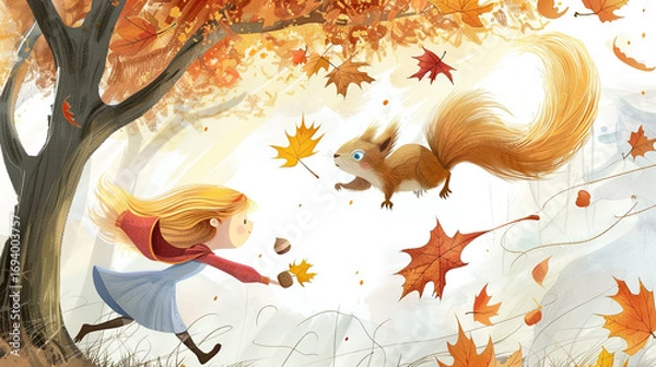 Fototapeta The little girl chased the golden butterfly and ran across the mountain trail. The squirrel was holding the acorn and jumped over the branches. The maple leaves fell on the tips of her hair like a bre