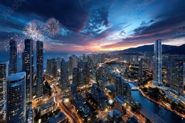 Fototapeta Fireworks over a vibrant cityscape at dusk