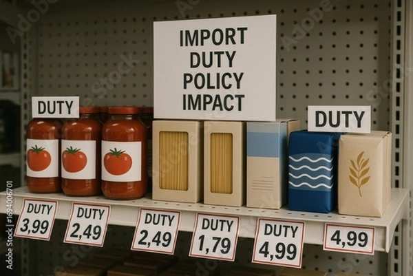 Fototapeta import duty policy impact concept. Grocery shelf displaying products labeled with import duty information.