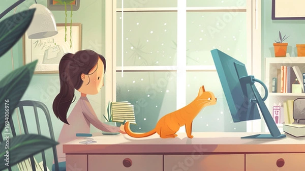 Fototapeta While the little girl tiptoed to adjust the crooked picture frame, the orange cat suddenly jumped onto the desk, and her tail swept off her dandruff, like a tiny snow.