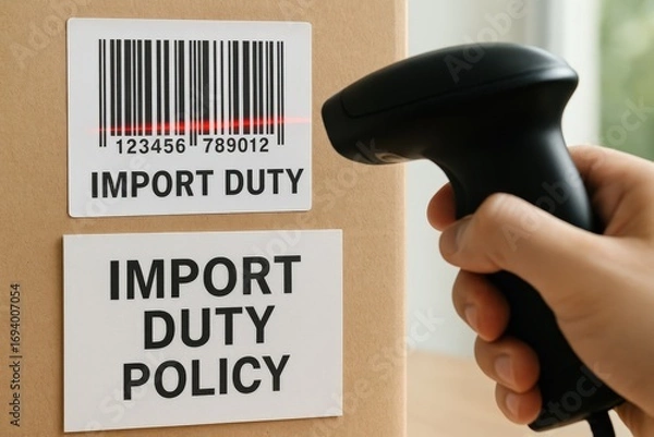 Fototapeta import duty policy impact concept. Barcode scanning on a package related to import duty policy.