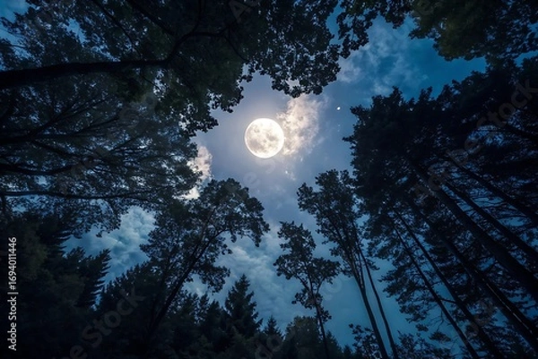 Fototapeta Full moon shining brightly in a cloudy night sky viewed through the silhouettes of tall trees in a forest