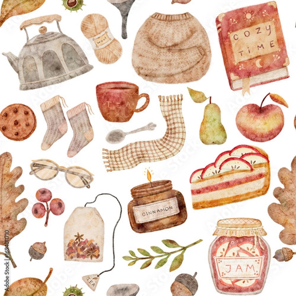 Fototapeta A comprehensive digital watercolor seamless pattern containing all the cozy autumn clipart elements, perfect for a full-fledged fall design.