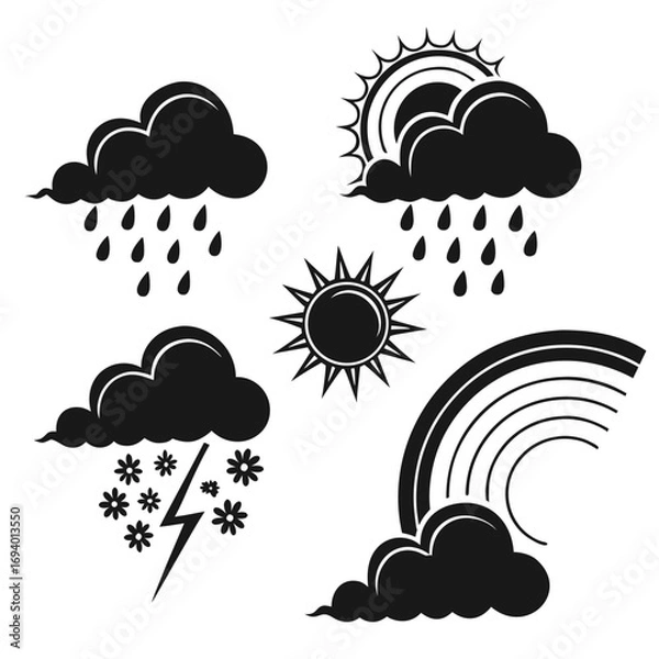 Fototapeta Weather icons clouds sun rainbow lightning rain snow vector