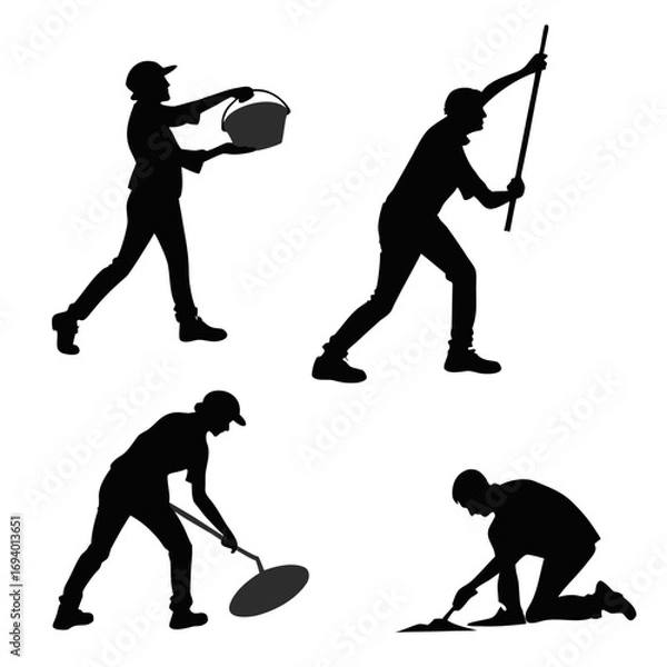 Fototapeta Workers with tools silhouettes on white bucket brush