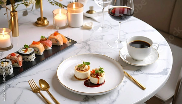 Fototapeta Romantic Dinner Setting with Sushi, Cheesecake, and Wine