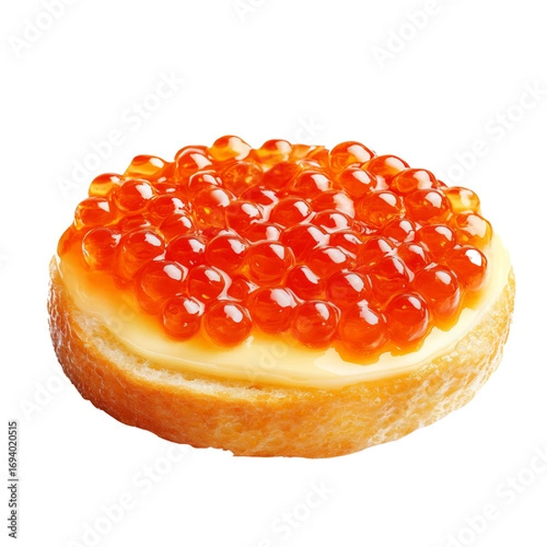 Fototapeta Baguette sandwich with butter and red caviar isolate on transparent white background