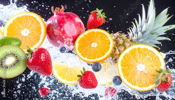 Obraz Colorful Mix of Fresh Fruits and Berries with a Water Splash