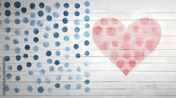 Obraz white wooden wall geometric design blue dots large pink heart patterns on the right. The semi transparent heart reveals the wood texture creating  charming contrast between structure and emotion.