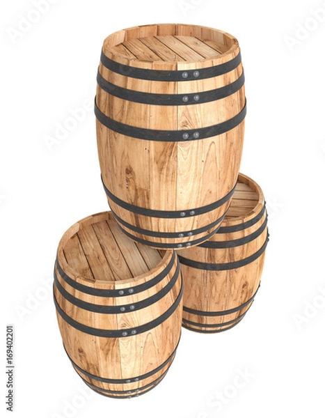 Obraz 3D realistic render of three old light wood barrel. White background. Shadows. Clipping path