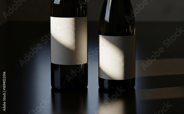 Fototapeta Luxury Wine Bottle Set Mockup On Dark Reflective Surface With Dramatic Lighting Highlighting Labels And Glass Reflections (Item1)