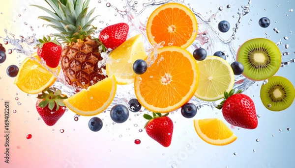 Fototapeta Colorful Mix of Fresh Fruit with Dynamic Water Splash on Gradient Background
