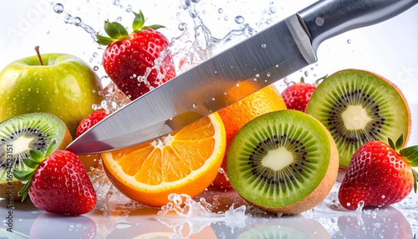 Fototapeta Knife Slicing Fresh Fruit with Dynamic Water Splash
