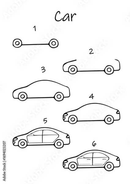 Fototapeta How to draw step by step car drawing for kids