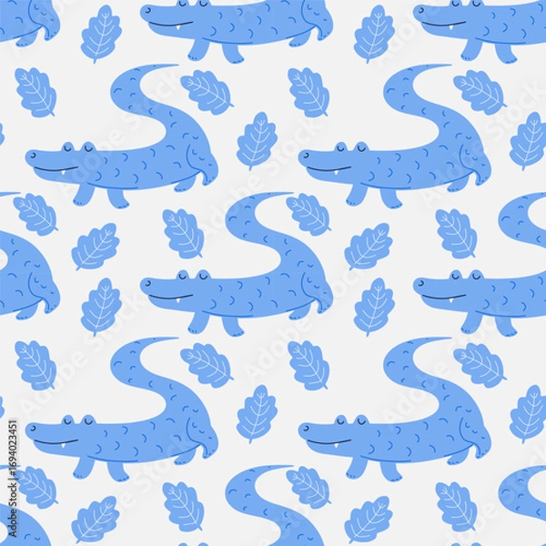 Fototapeta Seamless cute cartoon crocodile pattern with leaves, modern flat vector illustration for kids design, trendy reptile animal background for nursery and textiles.