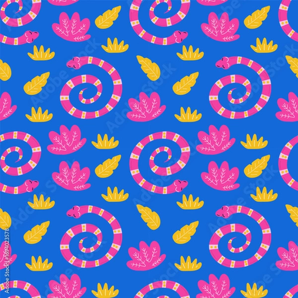Fototapeta Seamless cute cartoon snake pattern with leaves, modern flat vector illustration for kids design, trendy reptile animal background for textile and wallpaper.