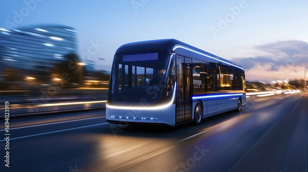 Fototapeta Autonomous vehicle driving on city street at dusk, showcasing modern design and technology