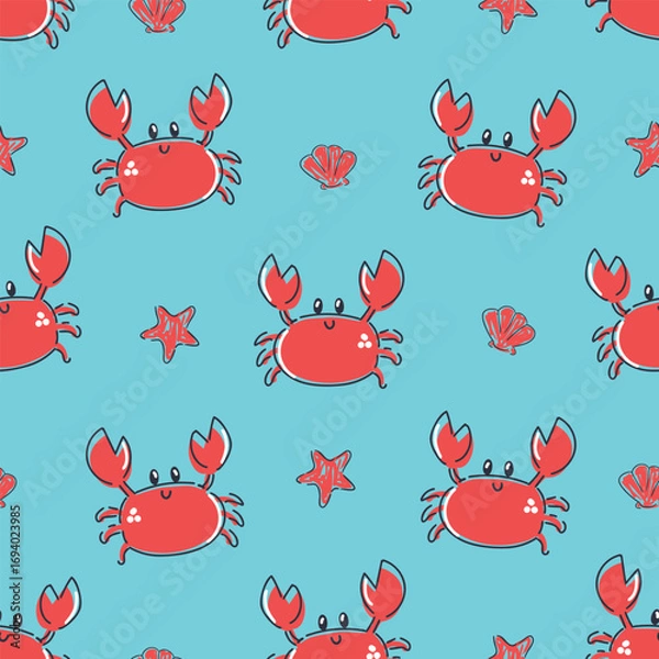 Obraz Seamless Pattern with Cute Red Crabs and Starfish Vector Illustration Kids Summer Print textile