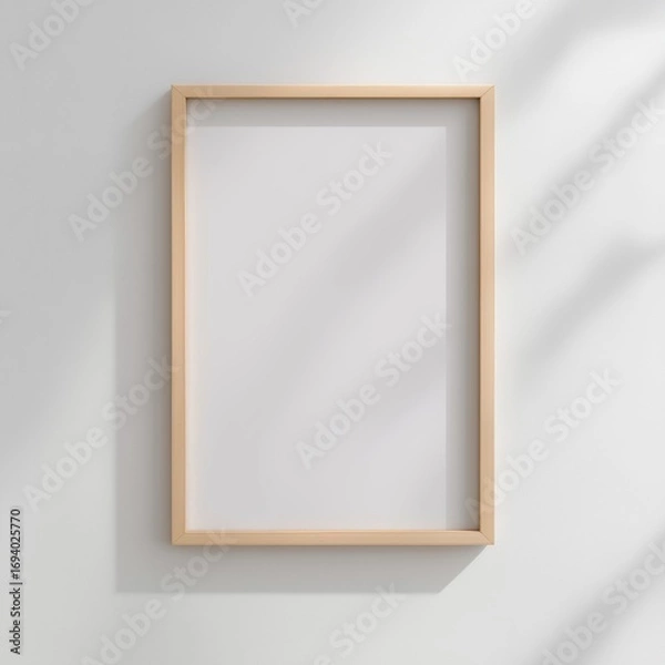 Fototapeta Minimalist style interior with simple white background and light wooden frame hanging on the wall, clean modern design mockup template, hyperrealistic high resolution background for posters or artwork