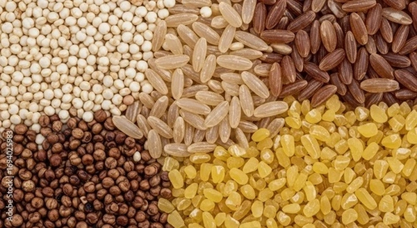 Fototapeta An overhead shot showcasing a variety of grains including quinoa, brown rice, white rice, bulgur wheat, and buckwheat arranged in distinct sections.