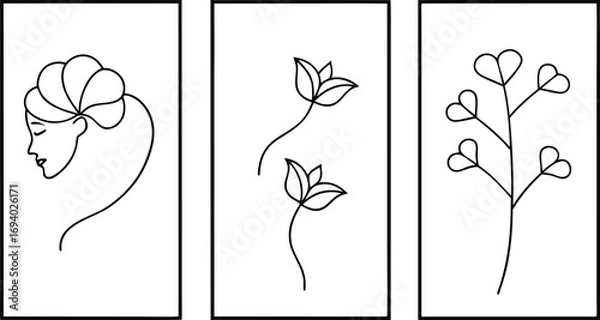 Obraz Three minimalist botanical line art illustrations isolated on white background