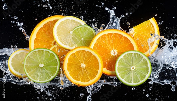 Fototapeta Refreshing Citrus Medley: Vibrant Slices of Lemon, Lime, and Orange in Water