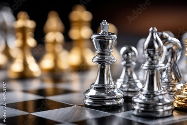 Obraz Silver Chess King on Board Close Up