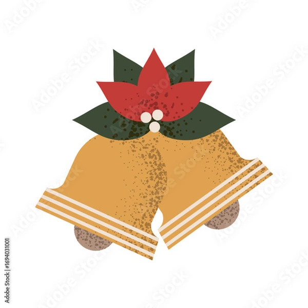 Fototapeta Christmas golden bells with poinsettia flower. Vector geometric illustration of traditional holiday decor