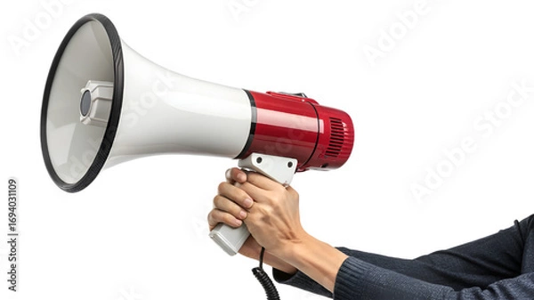 Fototapeta businessman shouting into megaphone , new megaphone in hands isolated on transparent background