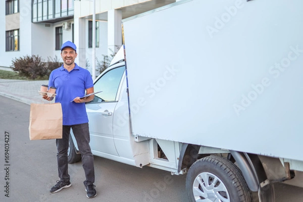 Fototapeta man in baseball cap and uniform holding bag of food and coffee cups near van customer service concept
