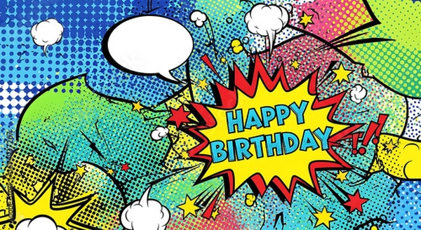 Fototapeta Vibrant comic book explosion graphic with "Happy Birthday" text and speech bubble, celebrating a special occasion with energetic colors and pop art style.