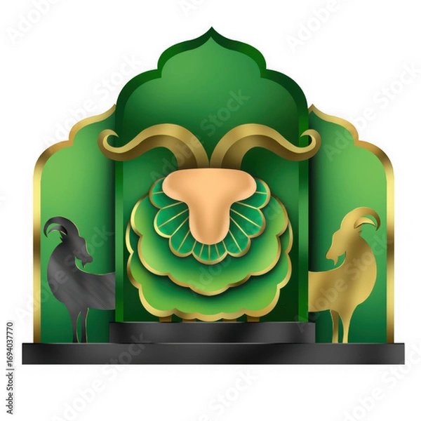 Fototapeta Islamic holiday eid aladha decoration with two goats and a central ornate element, isolated on transparent background