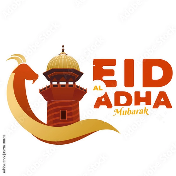 Fototapeta Eid aladha mubarak text with a stylized goat and a mosque tower, isolated on transparent background