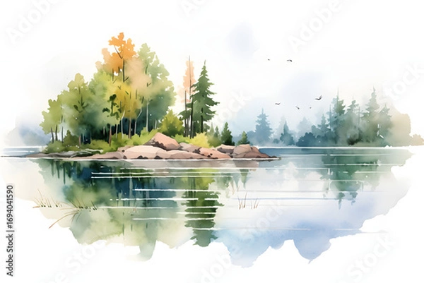 Obraz Stunning watercolor mountains and trees. Nature landscape in artistic style.